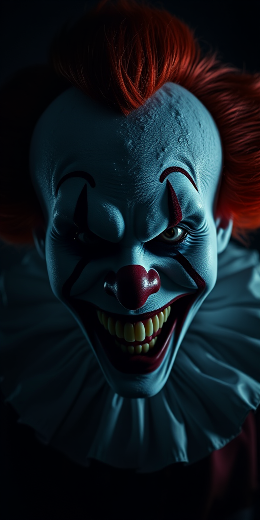 Create a chilling image of a sinister clown with a grotesque grin, featuring dramatic lighting and shadows, captured with a Canon EOS R5, 35mm lens, f/1.4 aperture, ISO 100, 1/100 sec exposure, and a dark, moody background for enhanced horror effect.