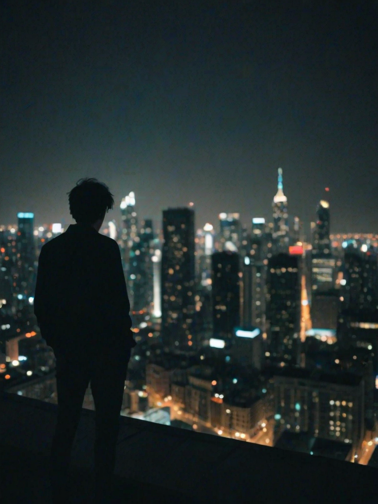 Blurry, grainy shot of a city skyline at night from a high rooftop, distant skyscrapers twinkling with lights, with the silhouette of a person leaning on the ledge in the foreground.