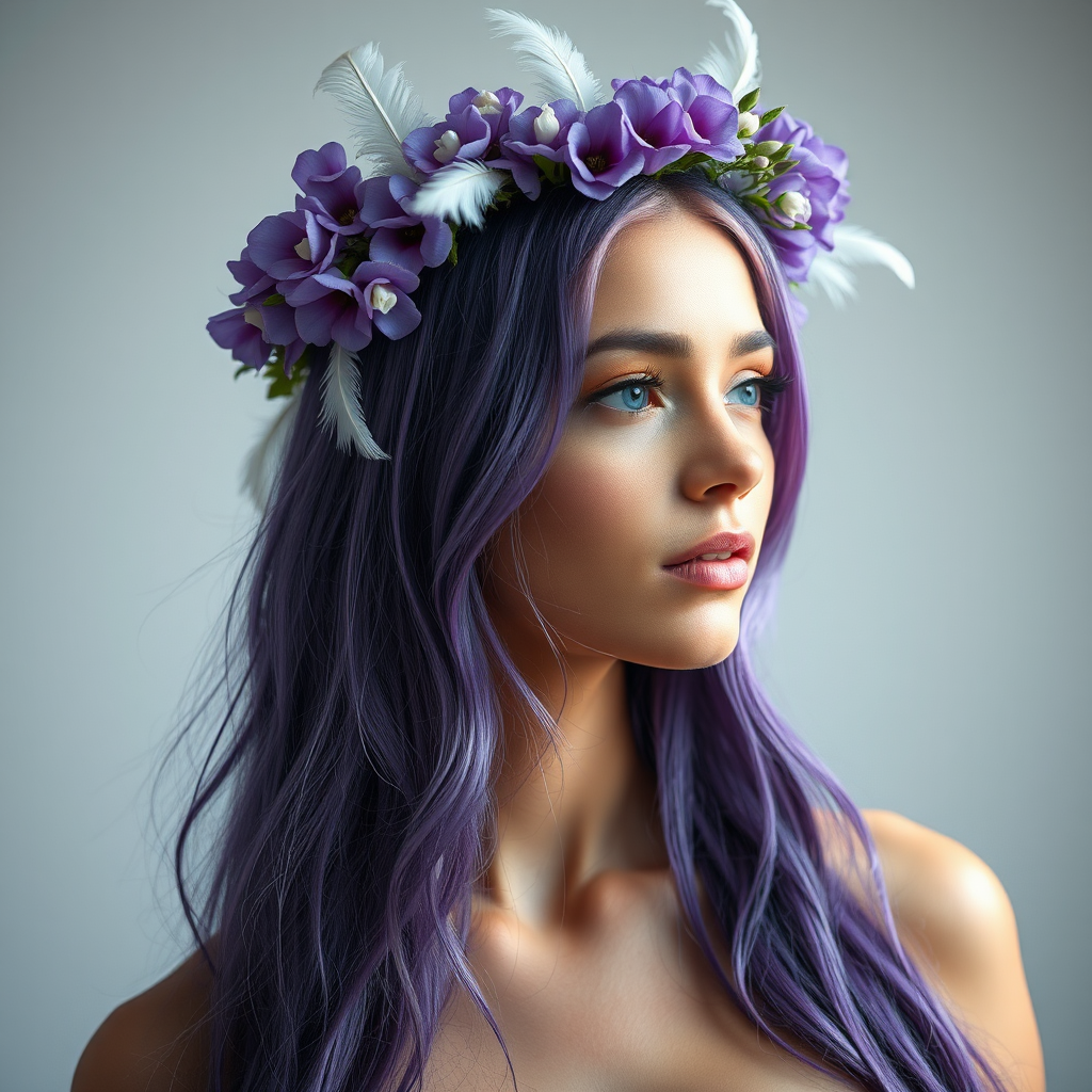 create a high-resolution portrait of a woman with long purple hair adorned with a floral crown of purple flowers and white feathers, soft ethereal lighting, 85mm lens, f/1.8 aperture, shot in portrait view on a full-frame DSLR camera