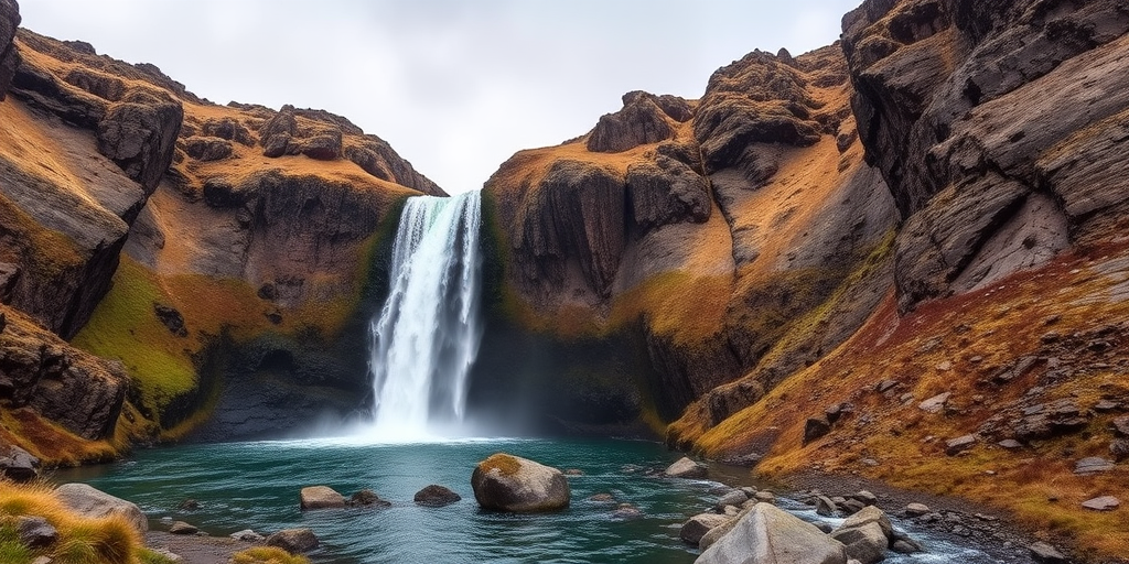 Generate an image of a scenic waterfall in Iceland surrounded by rocky cliffs, with overcast skies, using a DSLR camera at f/8 aperture, ISO 100, 1/125 sec shutter speed, wide-angle lens, and a low-angle perspective to capture the landscape in high detail.