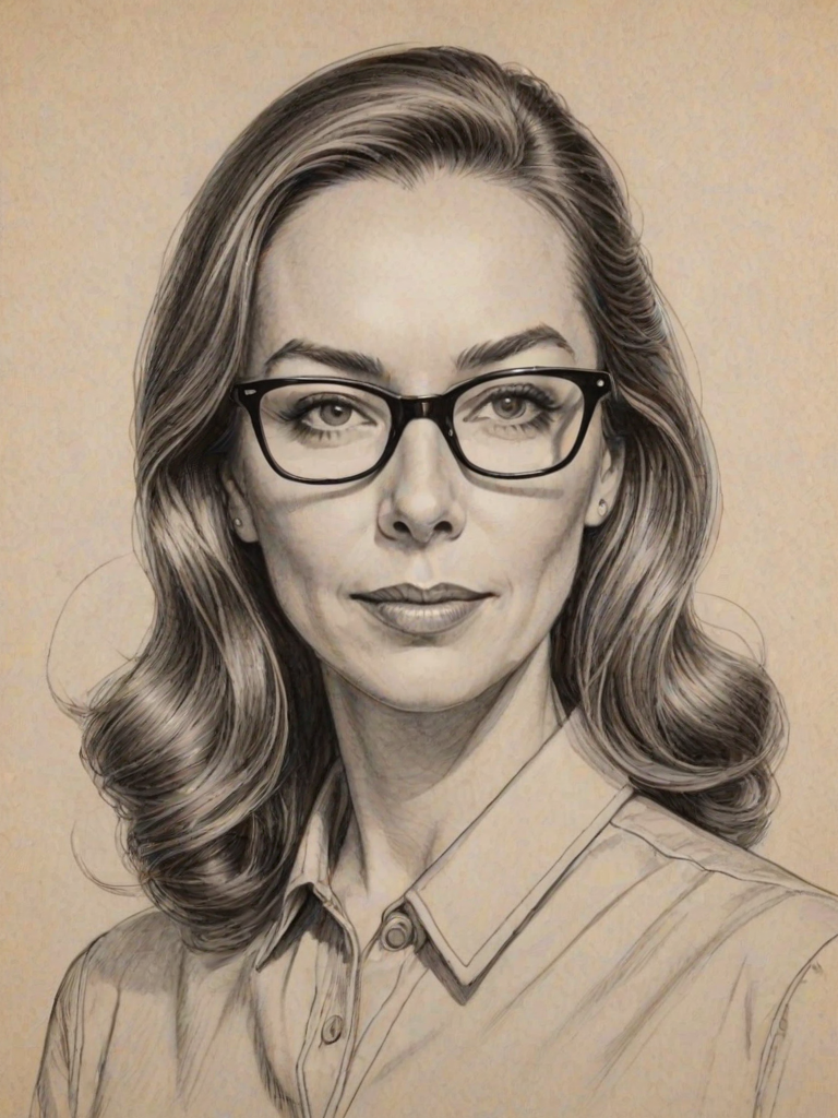 Ravishing Elizabeth Marvel, pencil sketch, portrait of Bewitching woman 1963s in glasses, hair style beatnik, outline, clear lines, fine lines, 8k