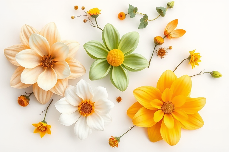Create a high-resolution illustration of abstract flowers with a minimalist style featuring a variety of colors such as beige, green, yellow, and orange on a white background, using a DSLR camera at f/8 aperture, ISO 100, and a 50mm lens for sharp details and vibrant colors, in an overhead view for a clean composition.