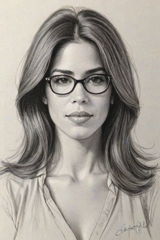 Appealing Ana Ortiz, pencil sketch, portrait of Ravishing woman 1975s in glasses, hair style beatnik, outline, clear lines, fine lines, 8k