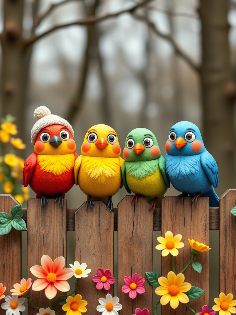 create a scene of 4 quirky  whimsical colourful comical birds each with a funny expression. they are sat on a wooden fence with colourful flowers. they are all different sizes. each one is a different colour  one is wearing a woolly hat. Each one has a different quirky google expression and there is a muted background of trees watercolour paintierly style high definition 8k resolution 3D paper mache