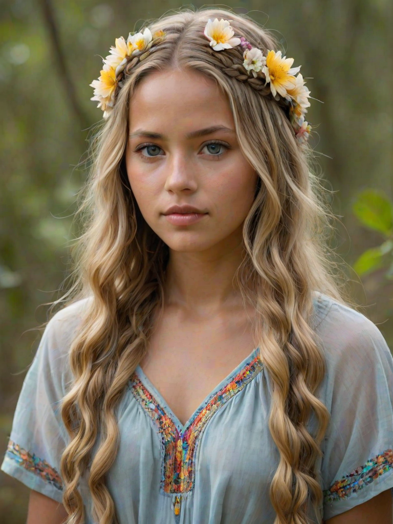 Create an image of a young Guarani woman with long, wavy blonde hair, adorned with small, colorful flowers woven into her braids and loose strands. Her complexion is fair, with soft, glowing skin, and she has light blue eyes that gaze softly at the viewer. She wears a light, flowing dress with a gentle, ethereal quality, complementing her delicate and serene appearance. The background is slightly blurred, drawing focus to her tranquil expression and the intricate details of the flowers in her hair. The overall mood of the image is one of natural beauty and grace, evoking a sense of peacefulness and connection with nature.