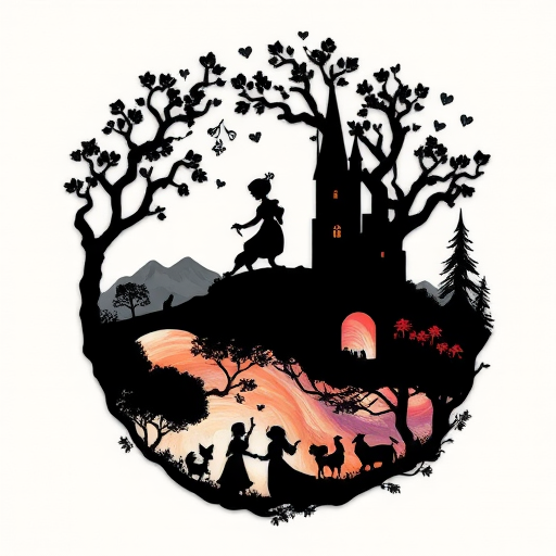 Enchanting "Fairy Tale Silhouette" tattoo design featuring intricate scenes from beloved stories rendered entirely in solid black, with delicate cutout details revealing glimpses of colorful, fantastical landscapes beneath, creating a captivating interplay between light and shadow that brings childhood memories to life in a sophisticated, artistic form