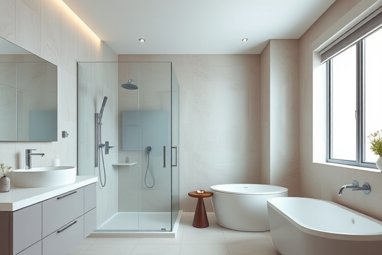 modern bathroom interior design, glass shower enclosure, neutral tones, sleek cabinetry, soft lighting, high-resolution, 24mm lens, f/4 aperture, ISO 200, natural light, wide-angle shot, DSLR camera