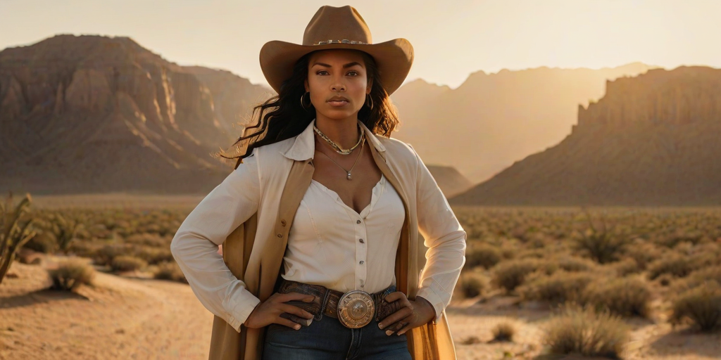 Dramatic photo of a beautiful Cape Verdean woman, classic cowboy attire, confident and free spirit expression, half-length portrait, centered, golden hour desert landscape, warm, diffused light, low angle, medium format film camera, in style of Annie Leibovitz.