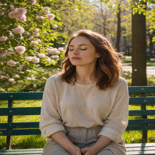 Woman sitting on a park bench, her head tilted back, eyes closed, basking in the warmth of the afternoon sun, surrounded by trees in full bloom.