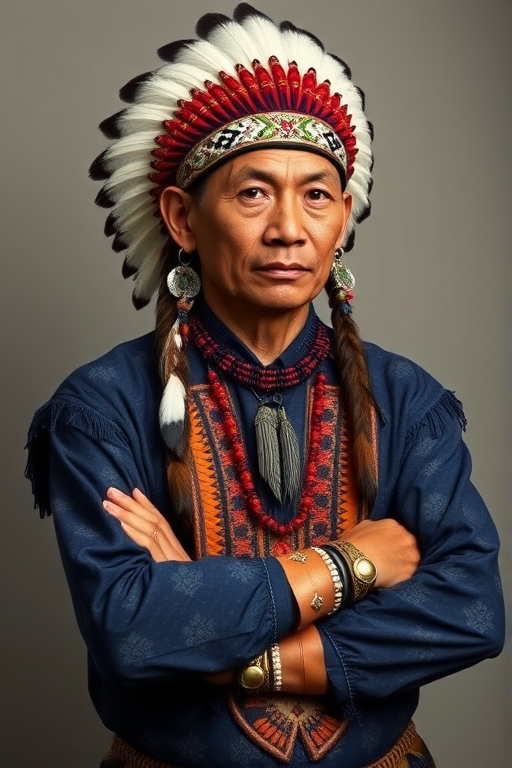 Create a dignified portrait of a Native American man dressed in traditional attire. He wears a beautifully crafted headdress adorned with white feathers and red beads, along with a beaded headband featuring intricate patterns. His clothing includes a deep blue, patterned shirt and a traditional chest piece with detailed beadwork. His arms are crossed, displaying leather armbands decorated with feathers. The background is simple and neutral, emphasizing his proud and stoic expression. The overall image captures the rich cultural heritage and strength of his persona.