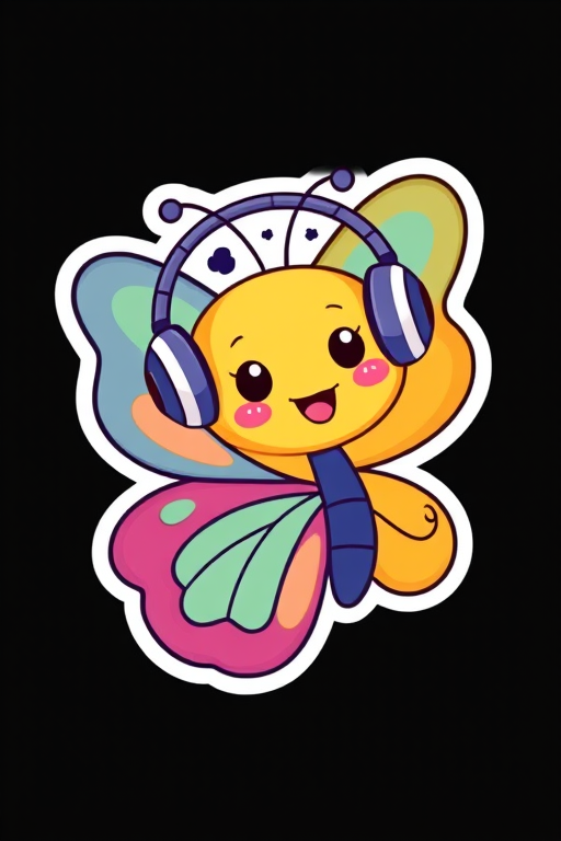 create sticker, Happy Colorful Butterfly wearing Headphones, kawaii, contour, vector, black background