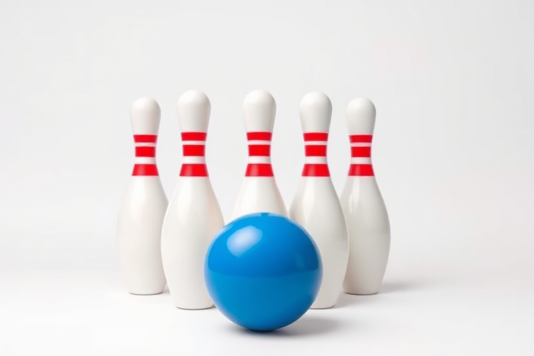 Create a high-resolution vector image of five bowling pins and a blue bowling ball with a clean background, using a Canon EOS 5D Mark IV, 50mm lens, f/1.8 aperture, ISO 100, in soft lighting with a slight overhead view to emphasize the dynamic arrangement.