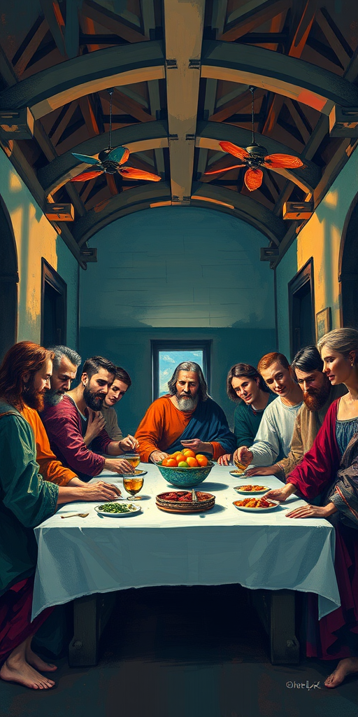 Create a high-resolution digital painting of the Last Supper scene with vibrant colors and impressionistic style, utilizing a Canon EOS R5 camera, 24mm lens, f/8 aperture, ISO 100, and shot at eye level to enhance detail and create depth.