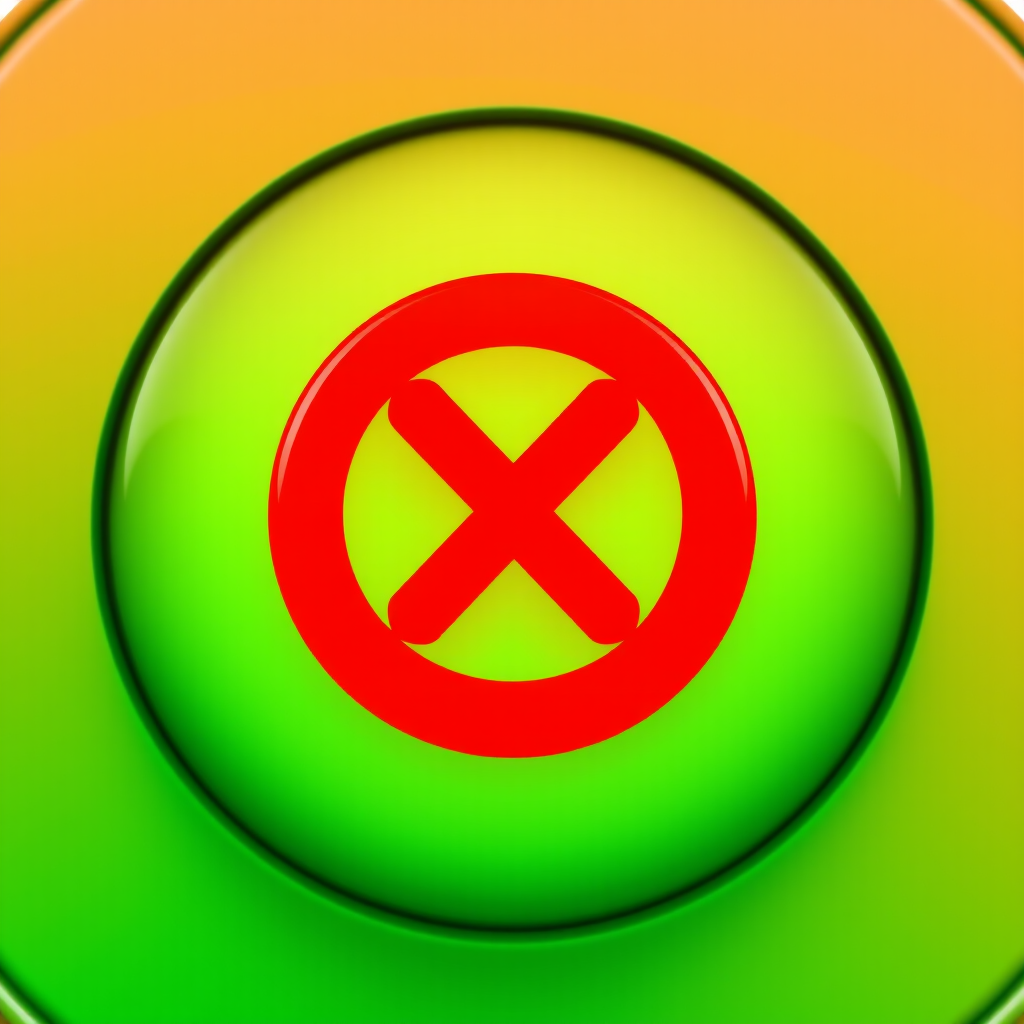 Create a high-resolution circular button icon featuring a bold red "X" symbol over a green background with a glossy finish, soft lighting, and a subtle shine effect, captured with a Canon EOS 5D Mark IV using an f/2.8 aperture, ISO 100, and a 50mm lens in a macro style for enhanced detail.