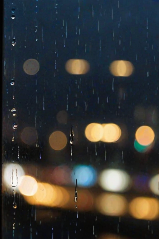High-resolution close-up of a raindrop sliding down a windowpane, soft focus on the blurred city lights outside, with tiny streaks of water reflecting the ambient glow.
