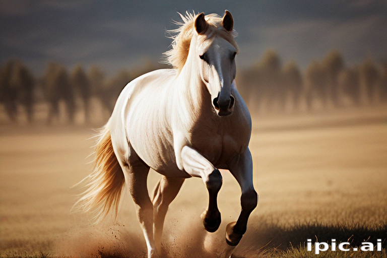 A Majestic White Horse Galloping Gracefully Across a Sunlit Meadow.