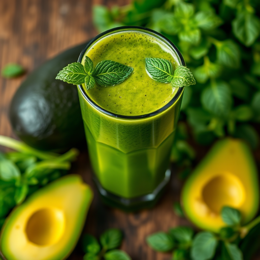 Fresh green smoothie in a tall glass with mint leaves, avocado slices, and various greens around it, taken with a Canon EOS R5, 50mm lens, f/1.8 aperture, ISO 100, natural lighting, top-down view.