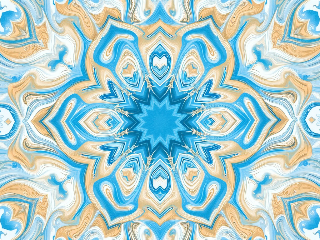 Create a high-resolution digital art piece featuring a symmetrical design with swirling patterns in soft blue, tan, and white, utilizing a Canon EOS R5 with a 50mm f/1.8 lens at f/2.8, ISO 100, capturing a flat lay view, ensuring vibrant colors and crisp details.