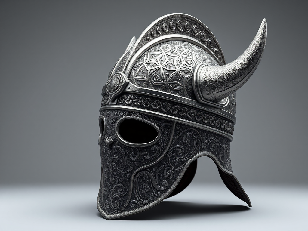 Generate a highly detailed 3D render of a Viking helmet with intricate patterns, using an 85mm lens at f/1.8, ISO 200, 1/60 sec, in a soft studio lighting setup, viewed at a 45-degree angle against a neutral background.