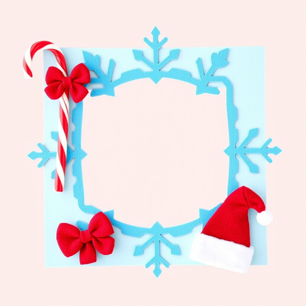 Create a festive Christmas photo frame with a blue snowflake design, a candy cane on the top left and a red Santa hat on the bottom right, using a DSLR camera with a 50mm lens, f/2.8 aperture, ISO 100, and natural lighting for optimal image quality.