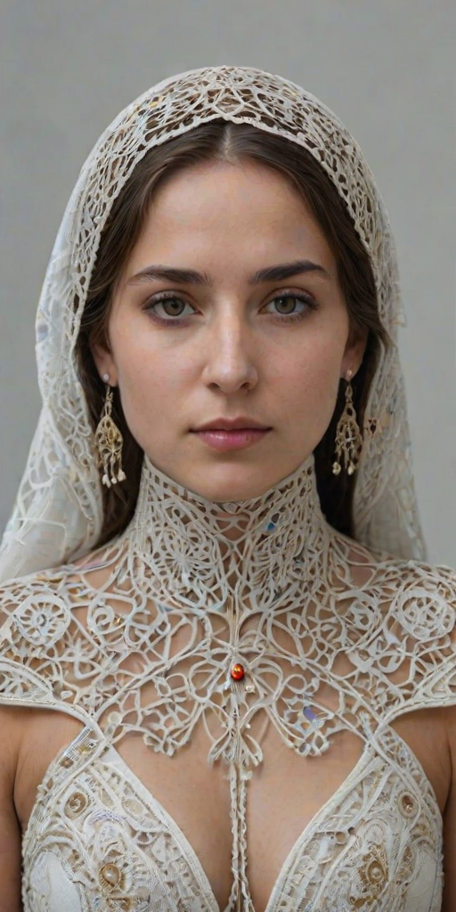Face, shoulders, chest covered in openwork Circassian embroidery. Raw, unedited image.