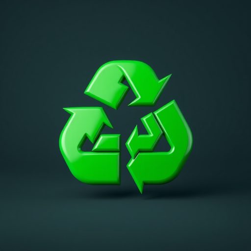 Create an image of a green recycling symbol in a 3D style, focusing on a glossy finish and vibrant color, using a Canon EOS R camera with a 50mm lens, f/2.8 aperture, ISO 100, and a slight tilt for a dynamic perspective.