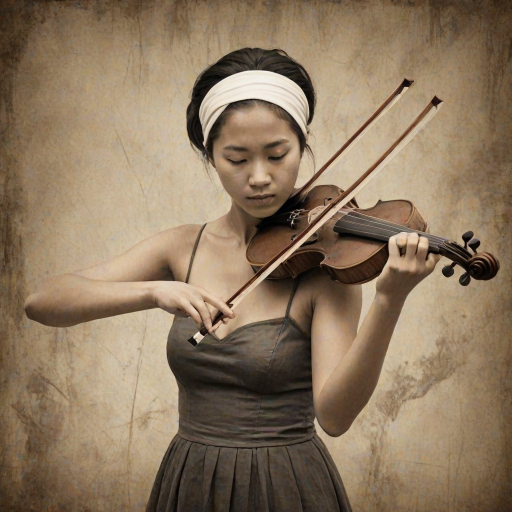 a young Ryukyuan woman with a white headband playing a violin, in the style of a charcoal drawing, sepia grunge background