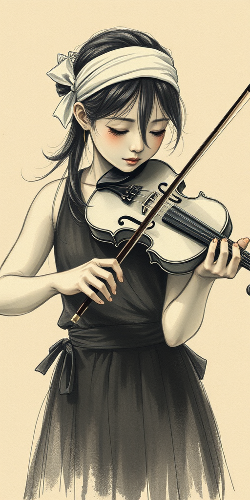 a young Ryukyuan woman with a white headband playing a violin, in the style of a charcoal drawing, sepia grunge background