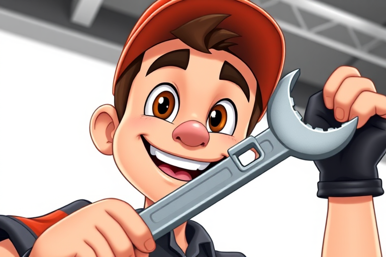 Create a cartoon-style image of a cheerful mechanic holding a wrench, use soft lighting with a bright white background, camera settings: ISO 100, f/2.8, 1/200s, shot from eye level with a 50mm lens on a DSLR camera.