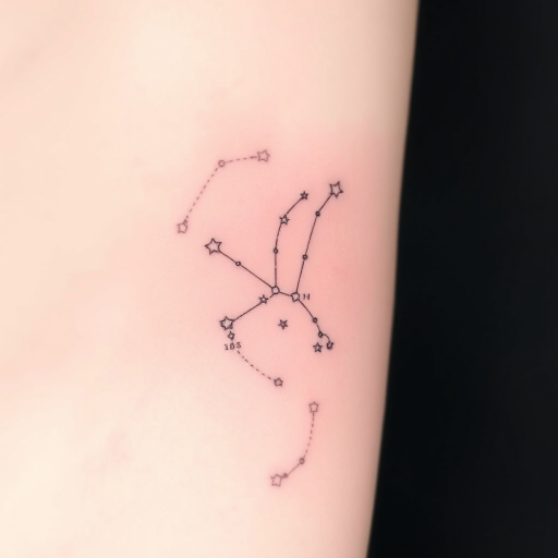 Ethereal white ink constellation tattoo named "Celestial Whispers" featuring delicate star patterns and zodiac symbols barely visible against fair skin like a secret cosmic map revealed only in certain light conditions subtle dot work and fine lines create a dreamy ethereal quality evoking the mystery of the night sky