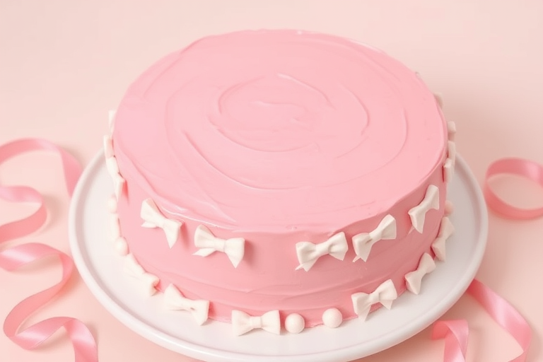 Create an image of a round cake with a smooth pink icing finish decorated with small white bows arranged in a grid pattern on the sides. The cake is displayed on a white plate with a soft pastel background and a few pink ribbons scattered around.