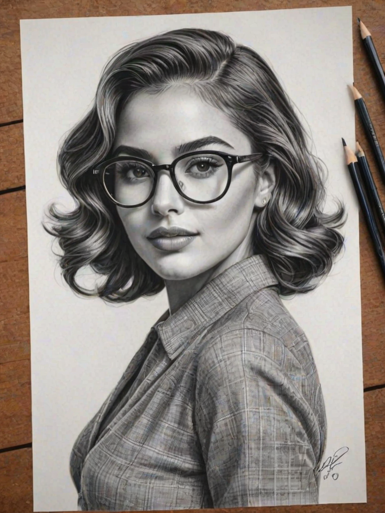 Dazzling Olivia Culpo, pencil sketch, portrait of Exquisite woman 1944s in glasses, hair style beatnik, outline, clear lines, fine lines, 8k