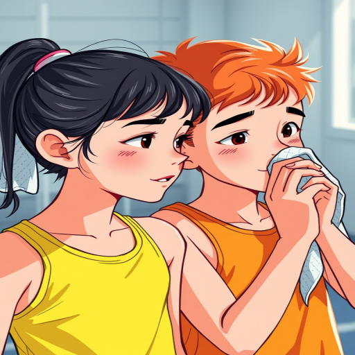 Create a vibrant illustration of a boy and girl after a workout, the girl with a towel on her shoulder and the boy wiping his face with a towel, bright colors, soft focus, shot with a Canon EOS R5, 50mm lens at f/2.8, ISO 100, natural light.