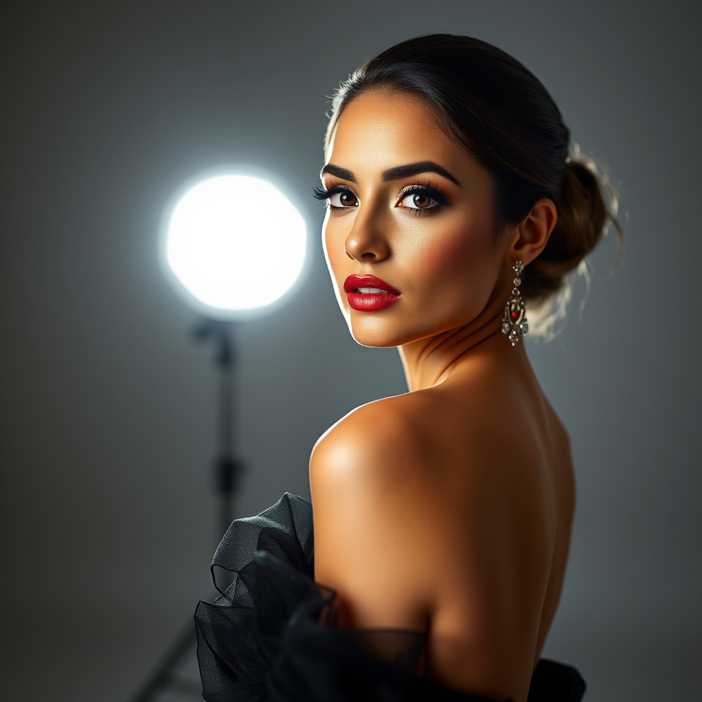 Studio portrait, female model, elegant couture dress, bold makeup, dramatic lighting, Shoot over the shoulder using a telephoto lens to focus on small details like jewelry, makeup, or fabric textures