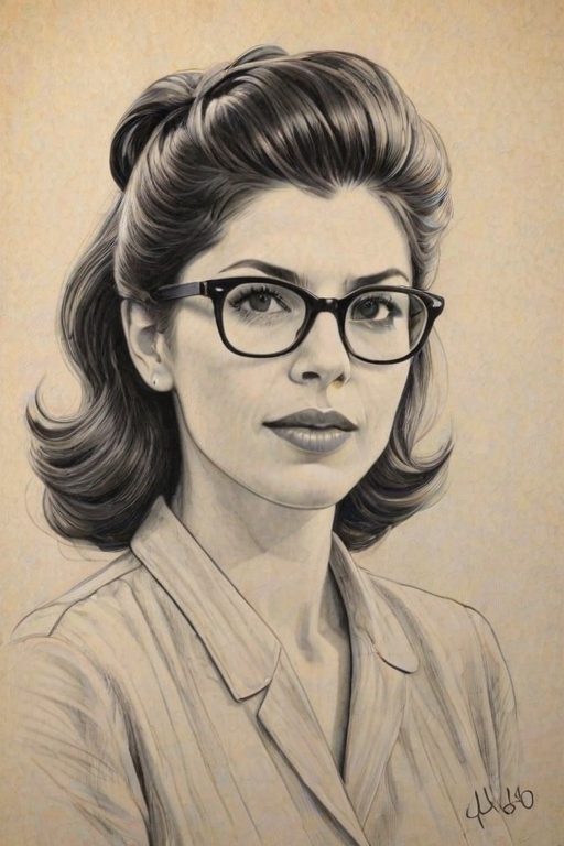 Sublime Marisa Tomei, pencil sketch, portrait of Comely woman 1940s in glasses, hair style beatnik, outline, clear lines, fine lines, 8k