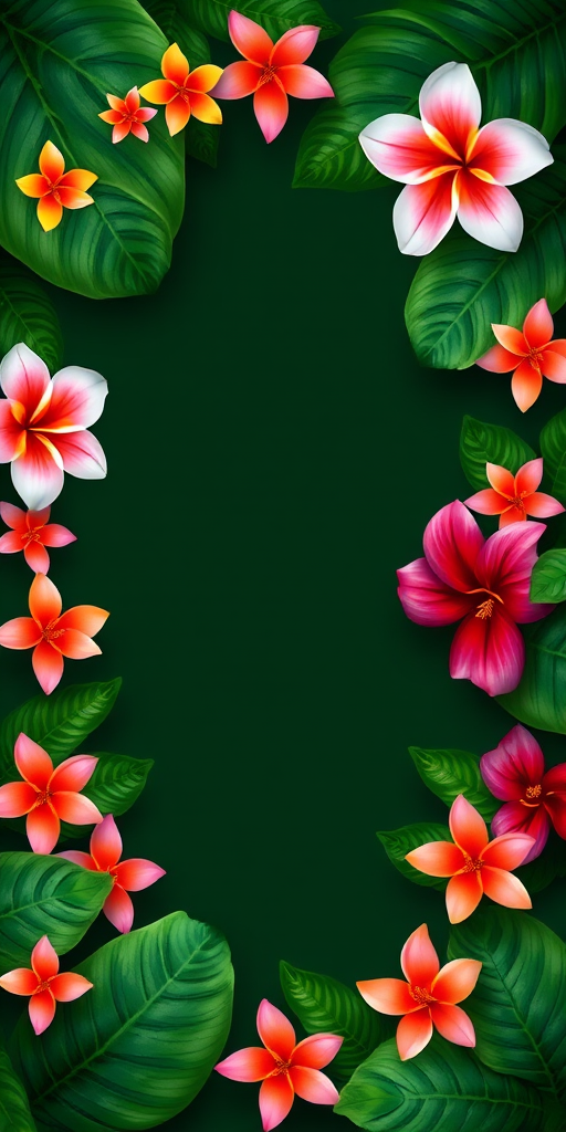 Tropical foliage border with vibrant flowers on a dark green background, high-resolution digital illustration, 300 DPI, Canon EOS R5, 50mm f/1.2 lens, top-down view, natural lighting, soft focus.