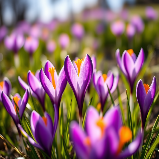 a vibrant close-up of purple crocus flowers under sunlight, shallow depth of field, aperture f/2.8, ISO 100, 50mm lens, natural light, macro photography