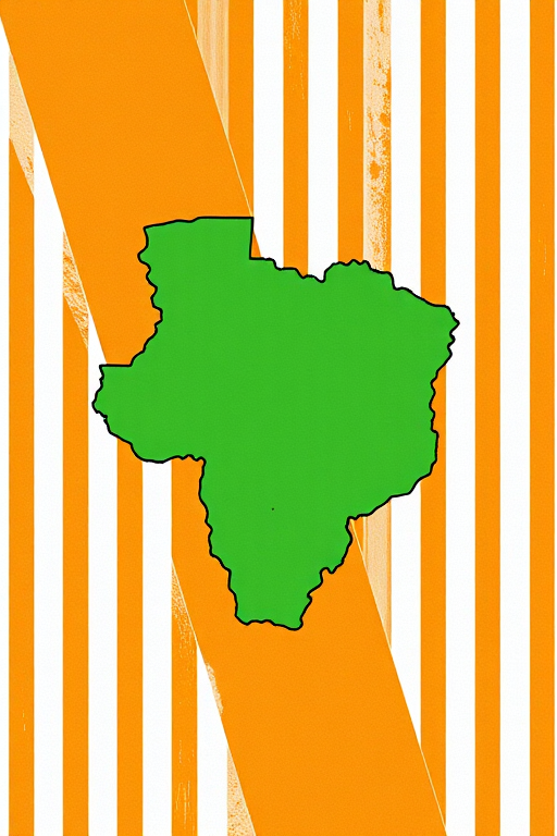 Generate an image of the outline of Ivory Coast with a textured background in orange, white, and green vertical stripes, using a DSLR camera, 50mm lens, f/1.8 aperture, ISO 200, capturing at a slight angle for depth.