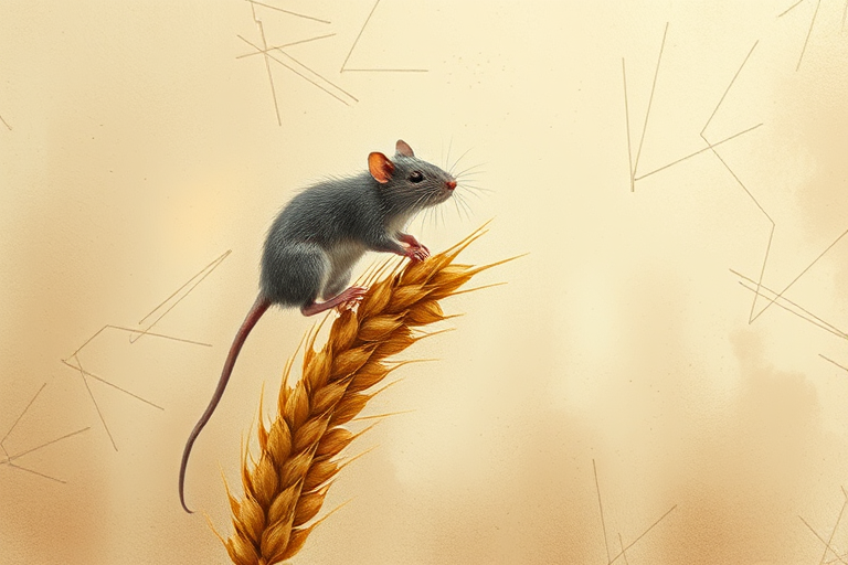 Soft, muted Alcohol Ink with ebru effect background image of tiny whimsical rat, who climbed high on the top of a golden rye ear.