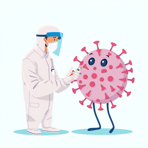 Create a digital illustration of a healthcare professional in a protective suit administering a vaccine to a large cartoonish virus character, using a clean, minimalist background with a gradient from teal to light blue, camera settings: ISO 100, aperture f/8, shutter speed 1/60s, camera view: medium shot, camera style: flat design, camera type: digital illustration.