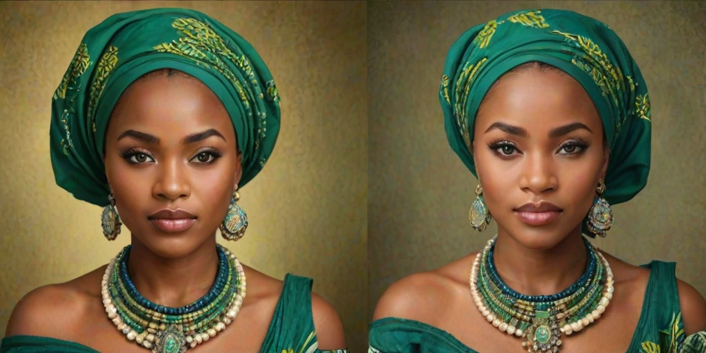 Create a portrait of a beautiful Igbo woman with striking green eyes and a gentle expression. She is adorned in traditional attire with intricate patterns, including a richly embroidered headscarf and matching garments. Her jewelry includes a delicate headpiece, dangling earrings, and ornate bracelets, all featuring vibrant gemstones and detailed metalwork. The background is soft and warm, enhancing the rich colors of her outfit and jewelry.