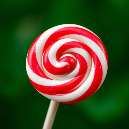 Close-up of a colorful red and white spiral lollipop on a blurred green background, shot with a DSLR camera, aperture f/2.8, shutter speed 1/100 sec, ISO 100, macro view for enhanced detail and vibrant colors.