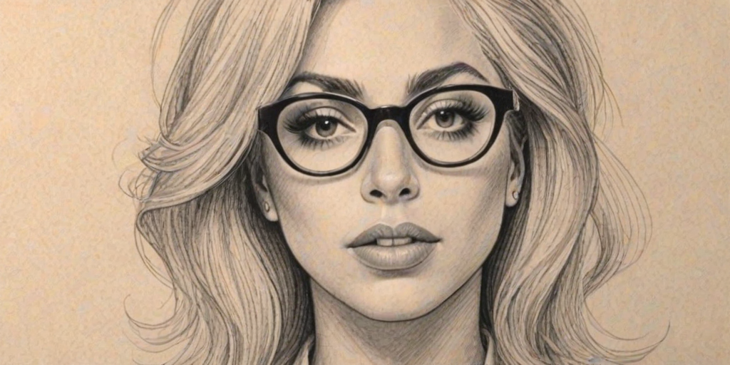 Comely Lady Gaga, pencil sketch, portrait of Lovely woman 1965s in glasses, hair style beatnik, outline, clear lines, fine lines, 8k