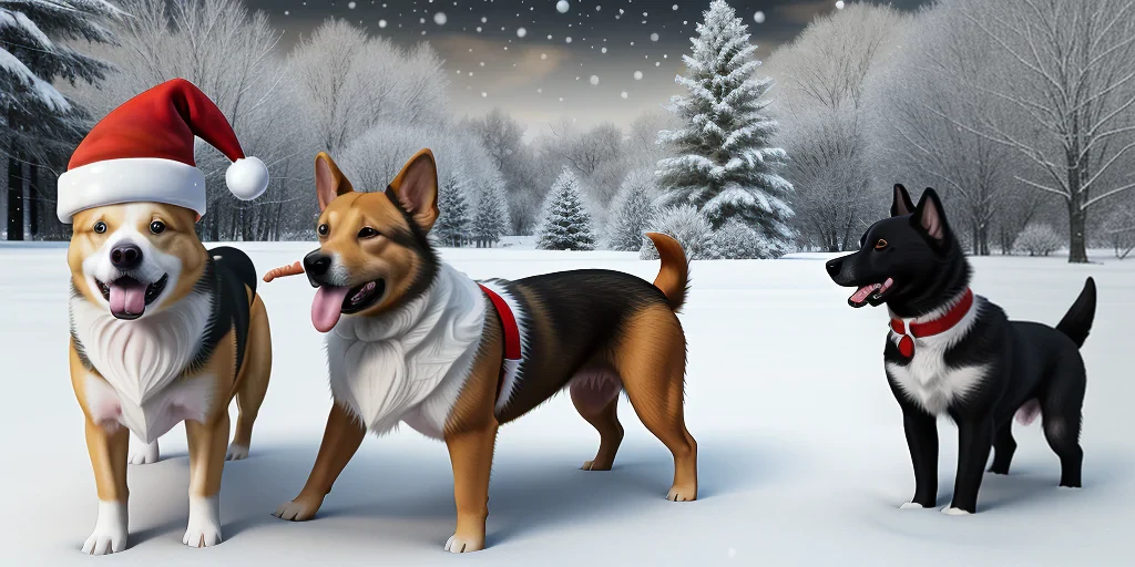 Three Joyful Dogs Celebrating Christmas in a Snowy Winter Wonderland