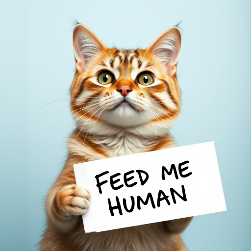cat holding a note which says "FEED ME HUMAN"
