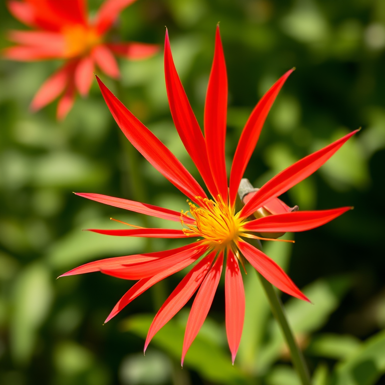 A vibrant red flower with long, pointed petals and a bright yellow center, captured in natural sunlight with a shallow depth of field, using a DSLR camera, 50mm lens, aperture f/2.8, ISO 100, shot at a low angle to emphasize the flower against a blurred green background.