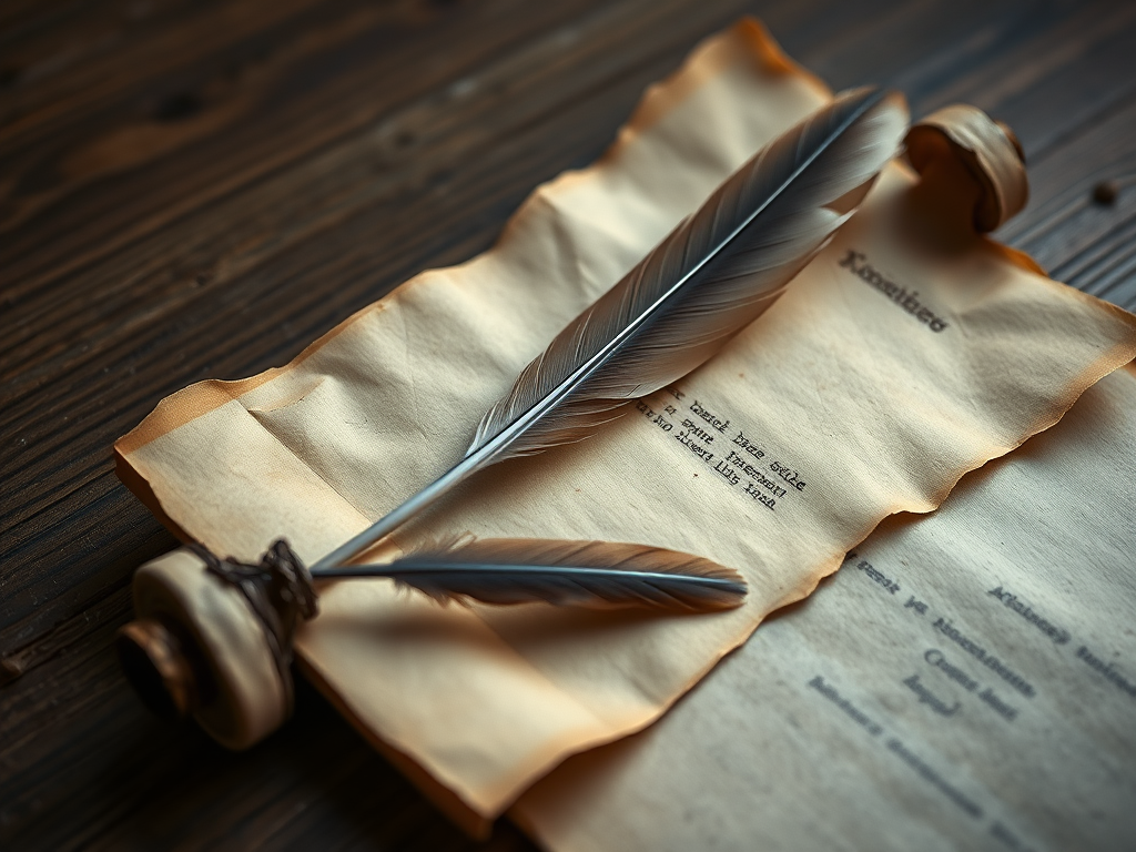 Create an image of an aged parchment scroll with a feather quill resting on it, using a Canon EOS 5D Mark IV, 50mm lens, f/1.8 aperture, 1/125 sec shutter speed, and natural light for a soft focus effect.