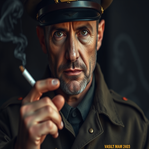Create a high-resolution portrait of a stern man in military attire, holding a cigarette, with dramatic lighting, using a DSLR camera, 50mm lens, f/1.8 aperture, ISO 100, shutter speed 1/200s, in a close-up view, with a soft focus background to emphasize details and textures.