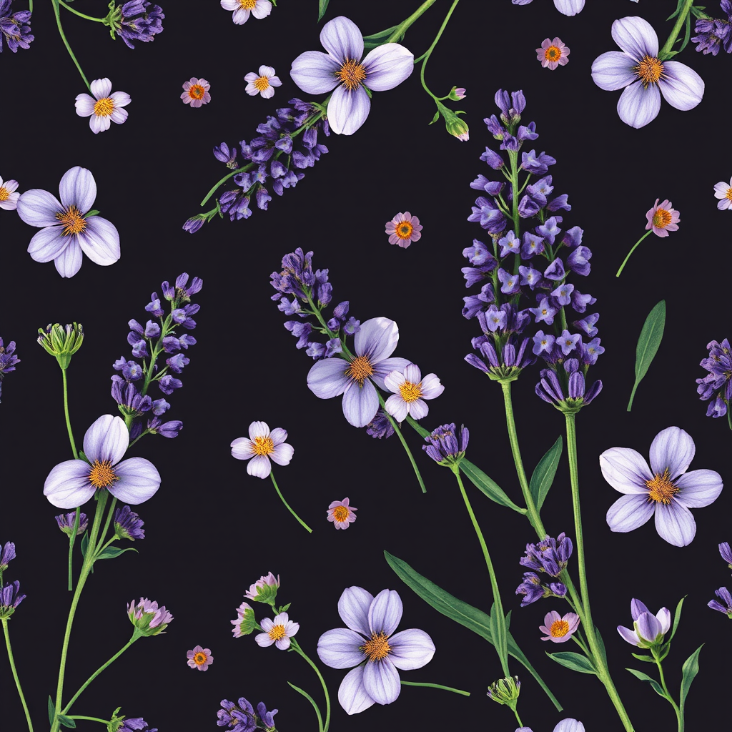 Create a seamless floral pattern featuring lavender and small flowers on a dark background, captured with a Canon EOS R5, 50mm lens, f/2.8 aperture, ISO 100, and soft natural lighting for enhanced detail and clarity.