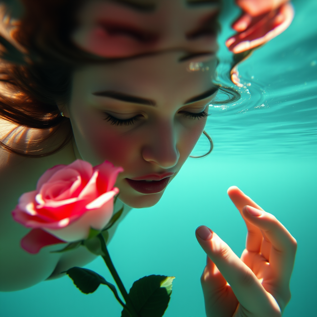 A woman underwater, gazing at a rose Her face is reflected in the water's surface The scene is illuminated by sunlight filtering through the water The atmosphere is serene and contemplative